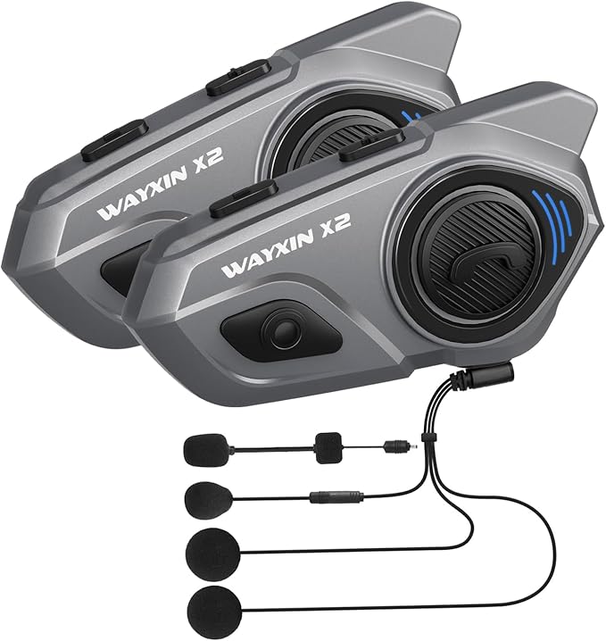 WAYXIN X2 Motorrad Intercom, Integriertem Intercom System, Motorrad Bluetooth Headset für bis zu 4 Motorräder, mit HiFi/Musik Teilen/FM Radio/AI Sprachassistent /IP67 Wasserdicht, Doppelpack