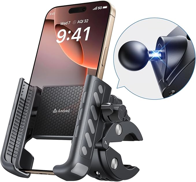 andobil Handyhalterung Fahrrad – Schockabsorbierend metallklemme Universal Handyhalterung Motorrad 360° Handyhalter Fahrrad für iPhone 16/15/14 Pro Max Samsung S25