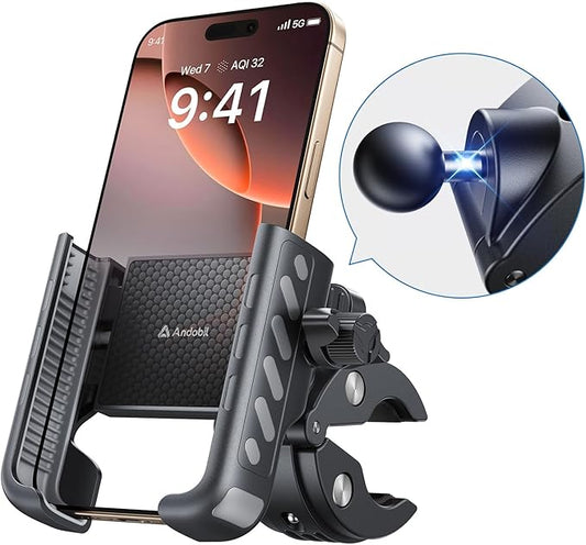 andobil Handyhalterung Fahrrad – Schockabsorbierend metallklemme Universal Handyhalterung Motorrad 360° Handyhalter Fahrrad für iPhone 16/15/14 Pro Max Samsung S25