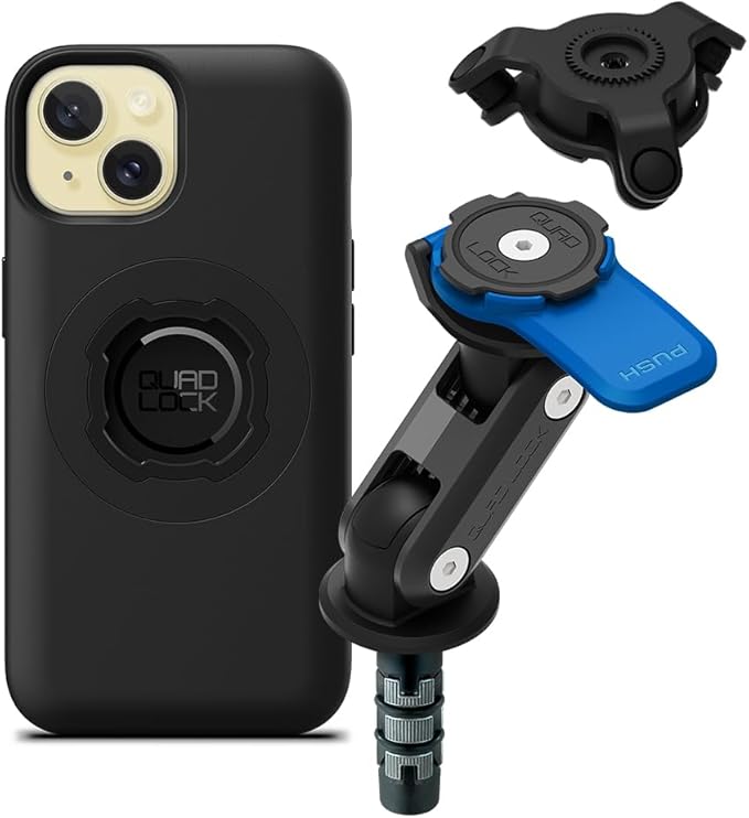 QUAD LOCK Gabelschaft-Handyhalterung für Motorrad mit Vibrationsdämpfer und MAG Hülle für iPhone 15