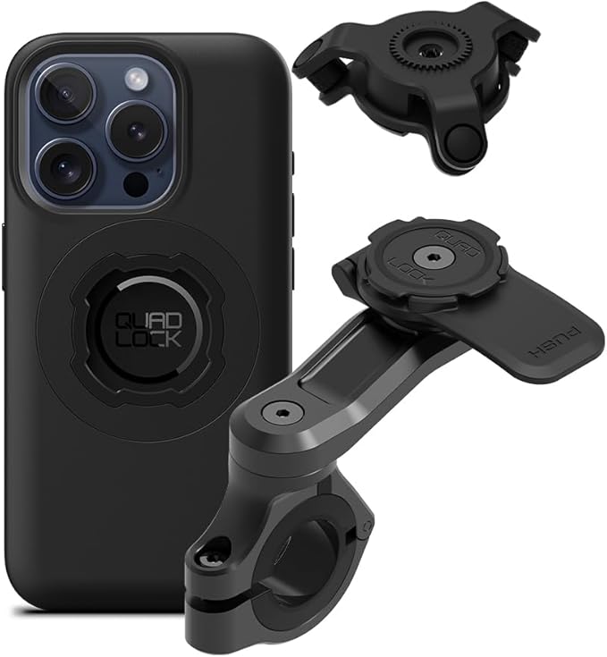 QUAD LOCK Lenker Handyhalterung PRO für Motorrad mit Vibrationsdämpfer und MAG Hülle für iPhone 15 Pro