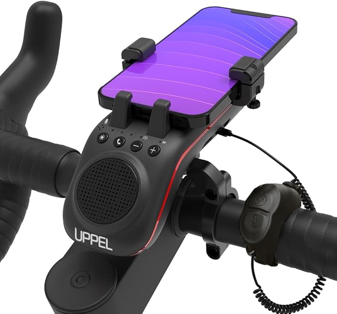 UPPEL Fahrrad Handyhalterung Mit Bluetooth Lautsprecher, 5000mAh Powerbank, Klingel, Mikrofon - 10-in-1 Multifunktional TF/SD/AUX Modus für Extrem & Freizeit Radsport, Mountainbike