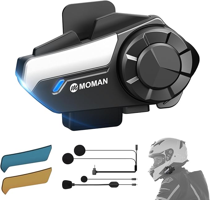 Moman Motorrad Intercom Headset, H2S 1000M Motorradhelm Kommunikationssystem ENC& DSP&CVC Geräuschreduzierung Multitasking-Audio Hi-Fi Stereo Musik Teilen FM AI Sprache IPX6 Wasserdicht (1 Pack)