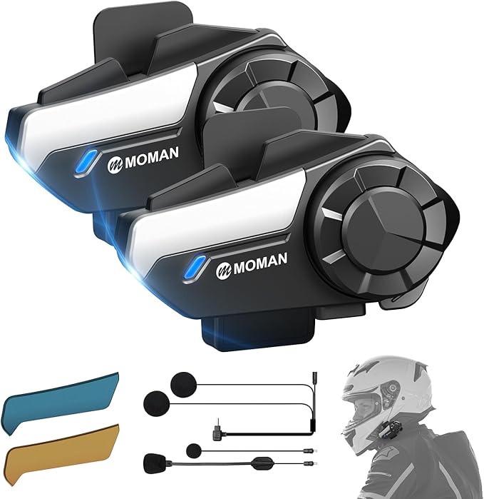Moman Motorrad Intercom Headset, H2S 1000M Motorradhelm Kommunikationssystem ENC& DSP&CVC Geräuschreduzierung Multitasking-Audio Hi-Fi Stereo Musik Teilen FM AI Sprache IPX6 Wasserdicht (2 Pack)