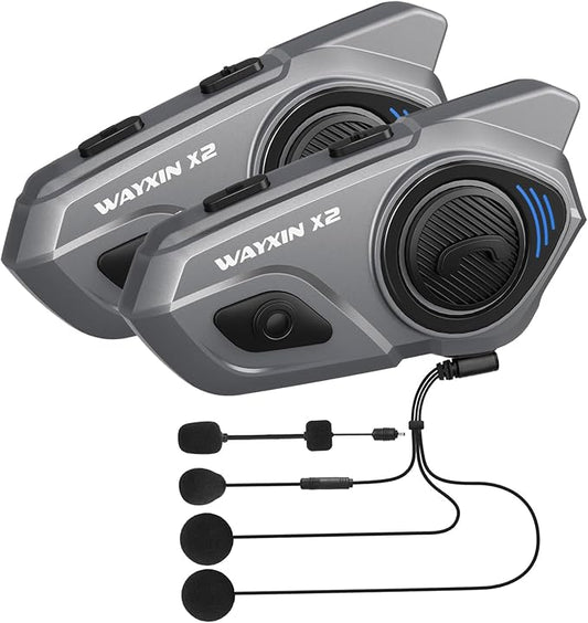 WAYXIN X2 Motorrad Intercom, Integriertem Intercom System, Motorrad Bluetooth Headset für bis zu 4 Motorräder, mit HiFi/Musik Teilen/FM Radio/AI Sprachassistent /IP67 Wasserdicht, Doppelpack