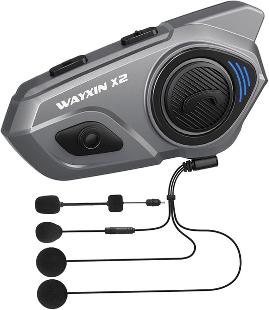 WAYXIN X2 Motorrad Intercom, Integriertem Intercom System, Motorrad Bluetooth Headset für bis zu 4 Motorräder, mit HiFi/Musik Teilen/FM Radio/AI Sprachassistent /IP67 Wasserdicht