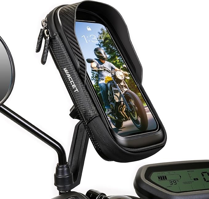 WACCET Handyhalterung Motorrad Wasserdicht, Motor Halterung 360° Drehbarer Handyhalter für Motorrad Spiegel mit Sonnenblende Touch ID Roller Handyhalterung für Smartphone is zu 7,2" (Schwarz)
