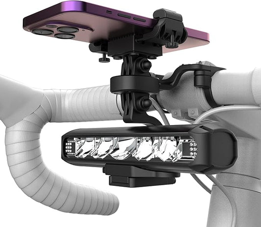 Milool Fahrradlicht + Handyhalterung Fahrrad 2 in 1 USB C Ladeanschluss 8000mah 2600 Lumens 5 LEDs 4-Lichtmodi Led Fahrradlich Vorne und Fahrrad Handyhalterung Einfache Installation für Nacht Reiten