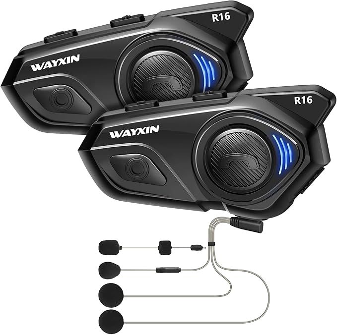 WAYXIN R16 Motorrad Bluetooth Headset –motorradhelm -Intercom mit Dual-Chip, Multi-Audio,IP67 wasserdicht, Musik teilen & FM-Radio, für 6 Personen-Gruppe – Kompatibel mit Anderen Marken(2pc